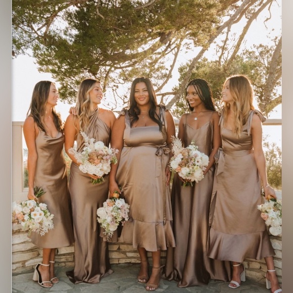 Show Me Your MuMu Claire Midi Dress in Dune Luxe Satin - Picture 2 of 6